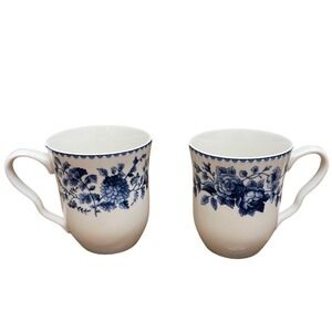 BILTMORE Blue Ridge Rose Fine China Mugs Set of 2 Floral Discontinued Blue White